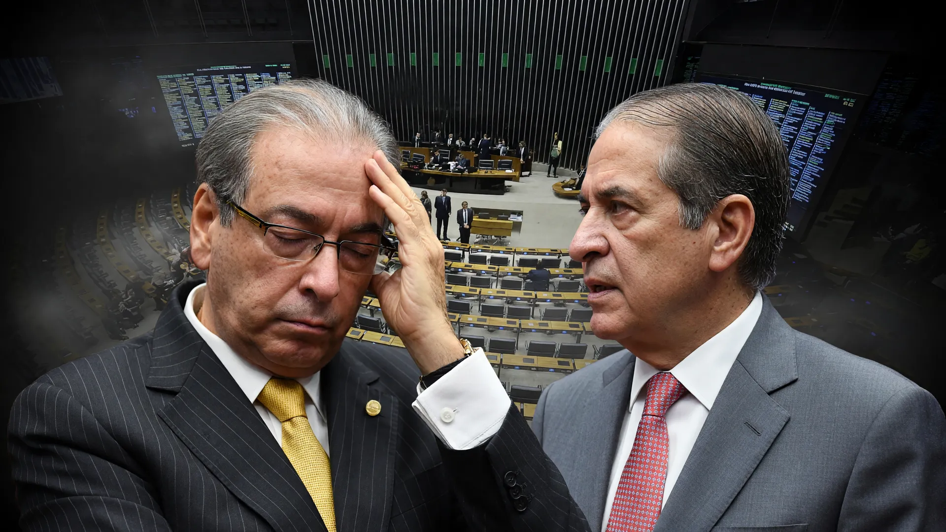 Eduardo Cunha e Valdemar Costa Neto ligados a desvio de emendas parlamentares, com plenário da Câmara ao fundo