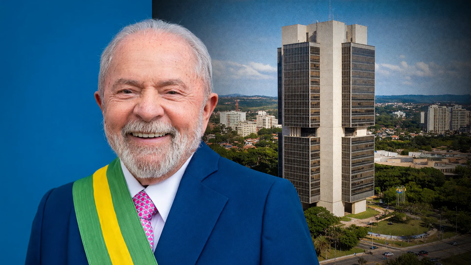Lula em retrato oficial e sede do Banco Central ao fundo, com dívida pública sobe no Brasil em foco