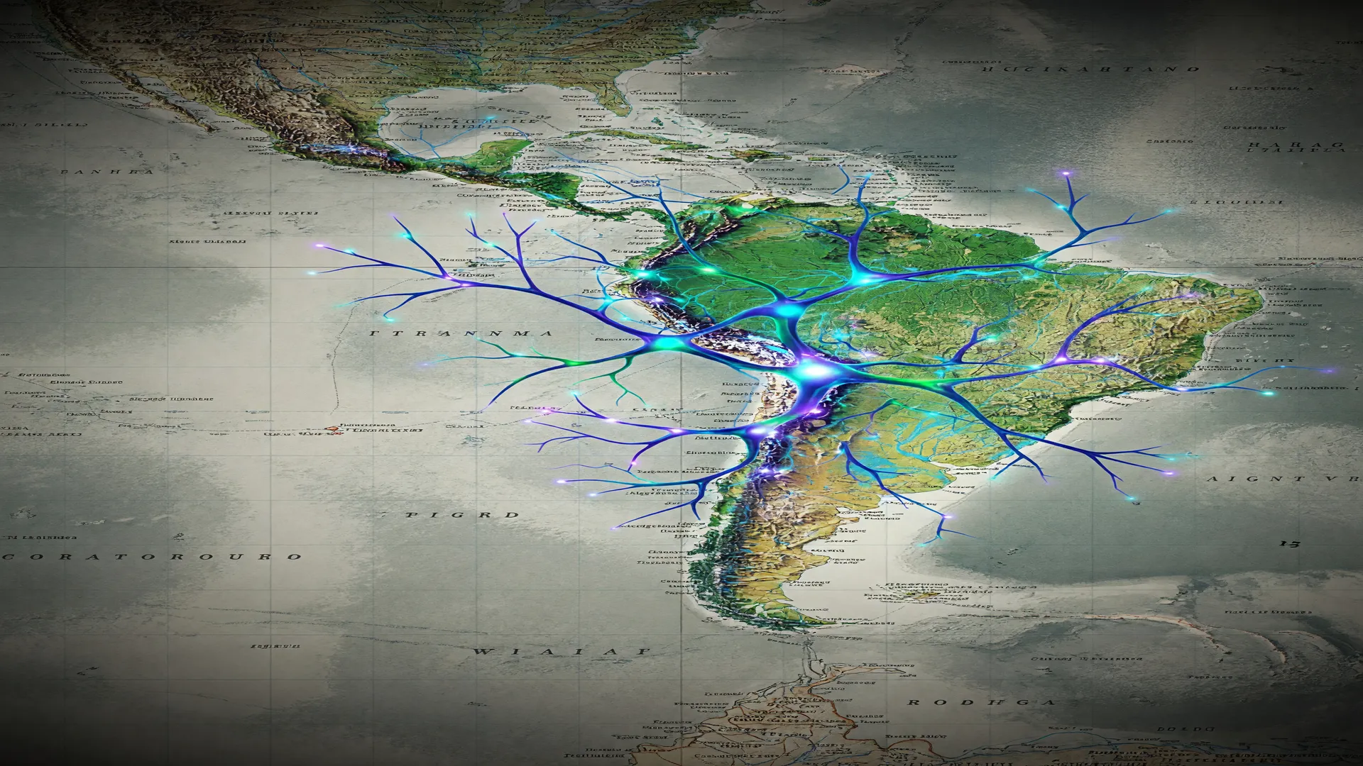 Neurônios brilhantes se conectam sobre mapa da América Latina, simbolizando como DMT estimula produção de neurônios