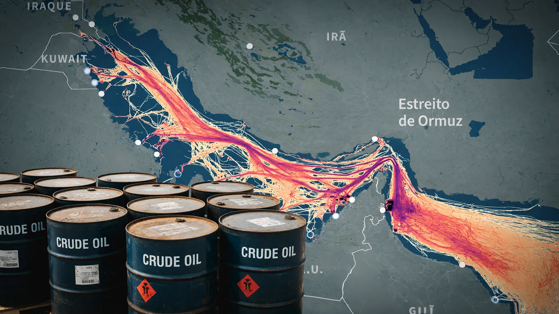 Mapa do Estreito de Ormuz e barris de petróleo ilustram o dólar abre em queda hoje com o conflito Irã-EUA