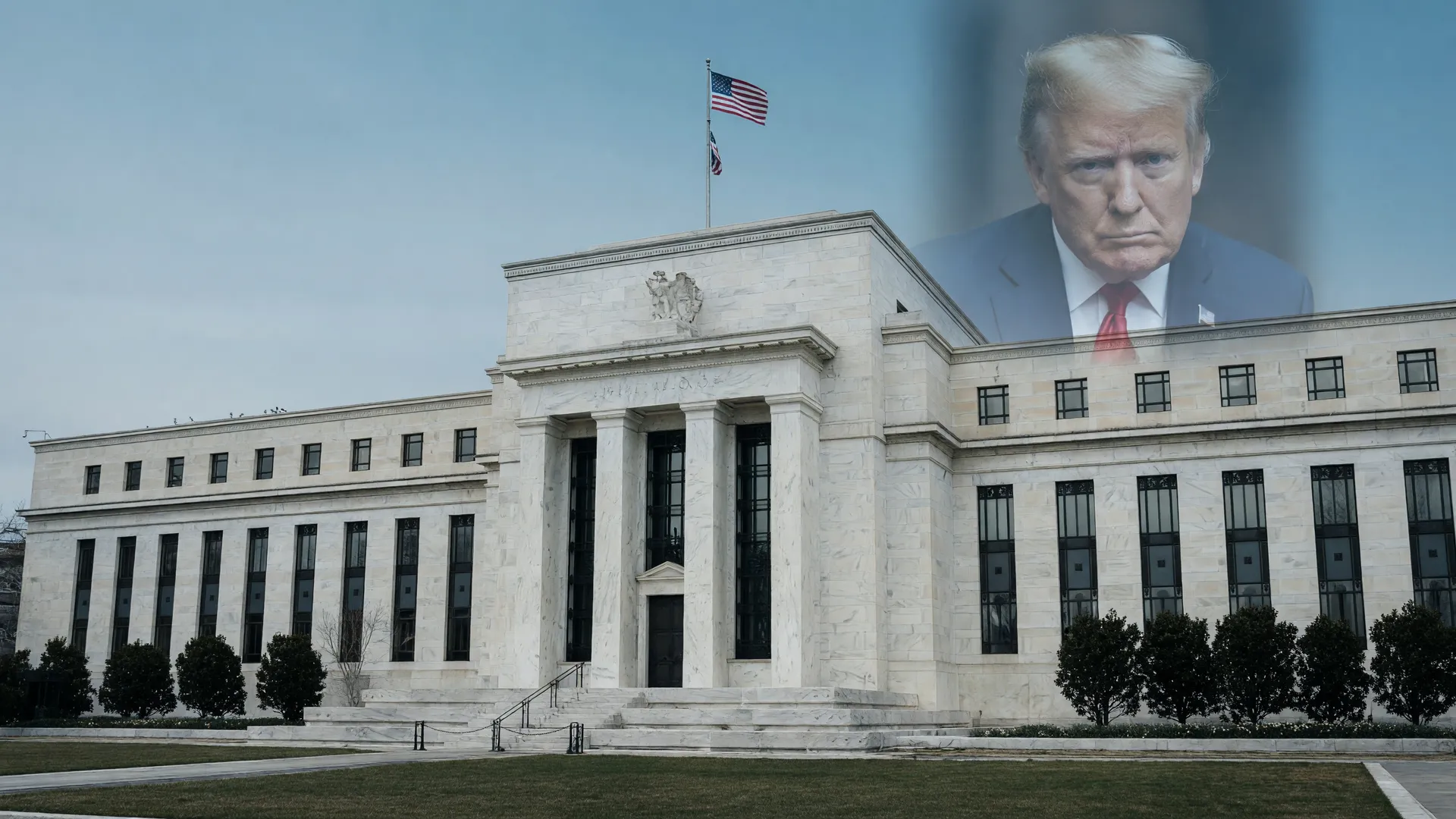 Edifício da Reserva Federal com Trump ao fundo, representando impacto no dólar antes do payroll americano