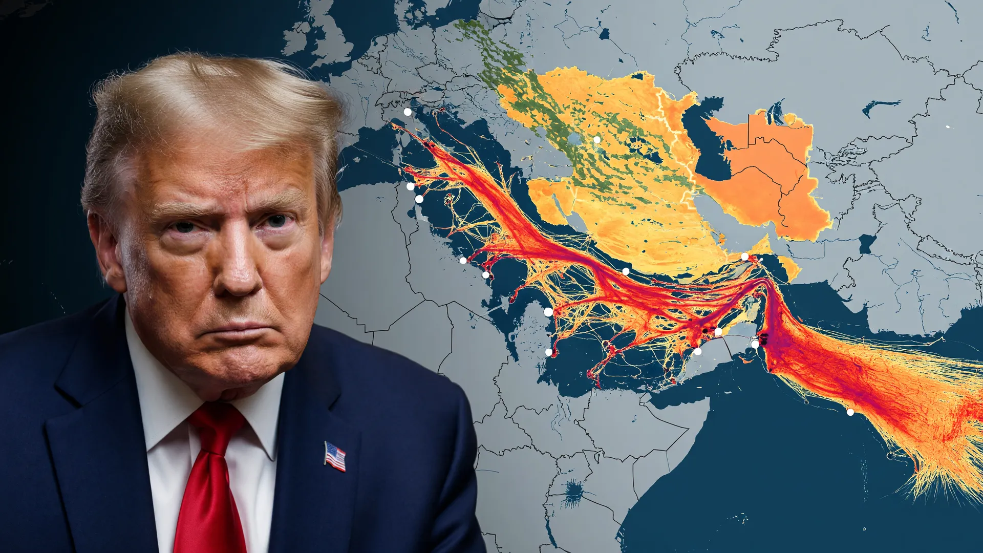 Composição editorial: Trump, mapas do Oriente Médio e Estreito de Ormuz mostrando cenário onde dólar sobe Oriente Médio