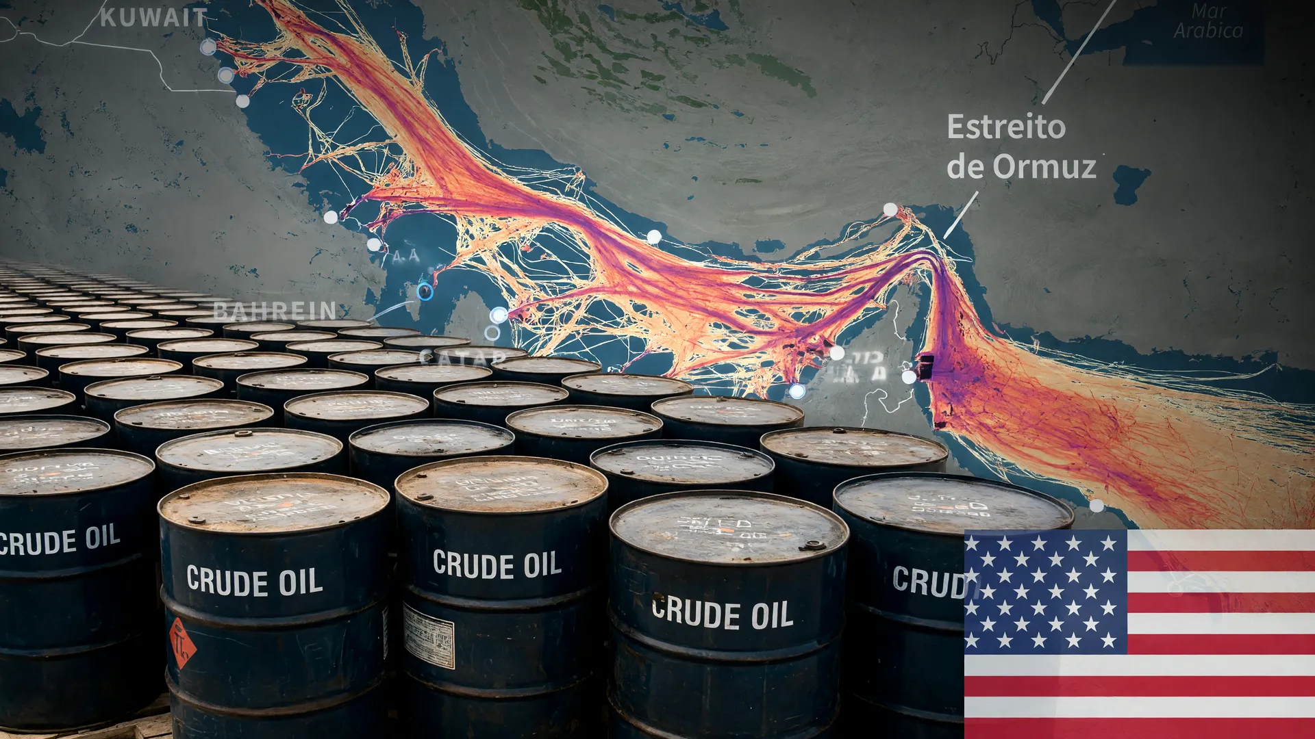 Barris de petróleo e mapa do Estreito de Ormuz ilustram por que dólar sobe trégua Irã no mercado