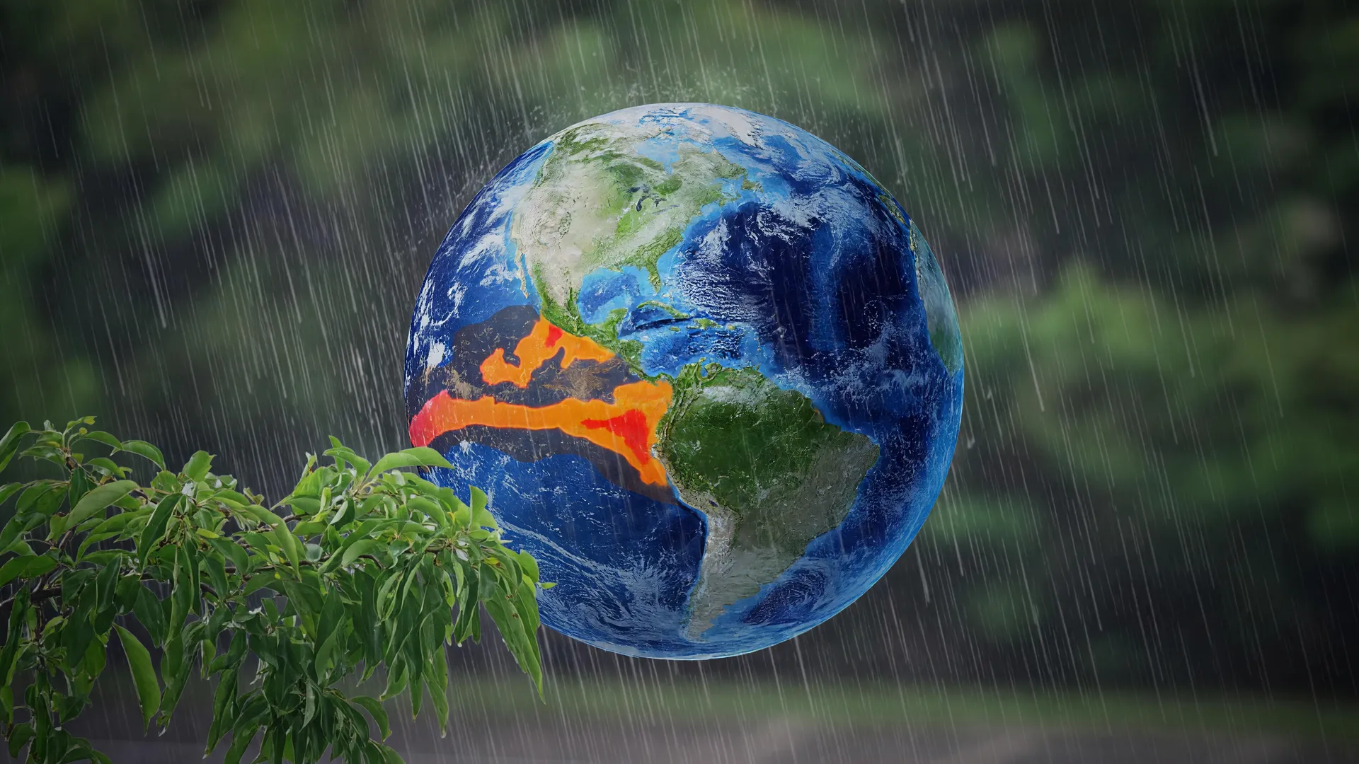 Mapa térmico do El Niño e ventos fortes com chuva intensa em diagonal, ilustrando tempestade no Sudeste