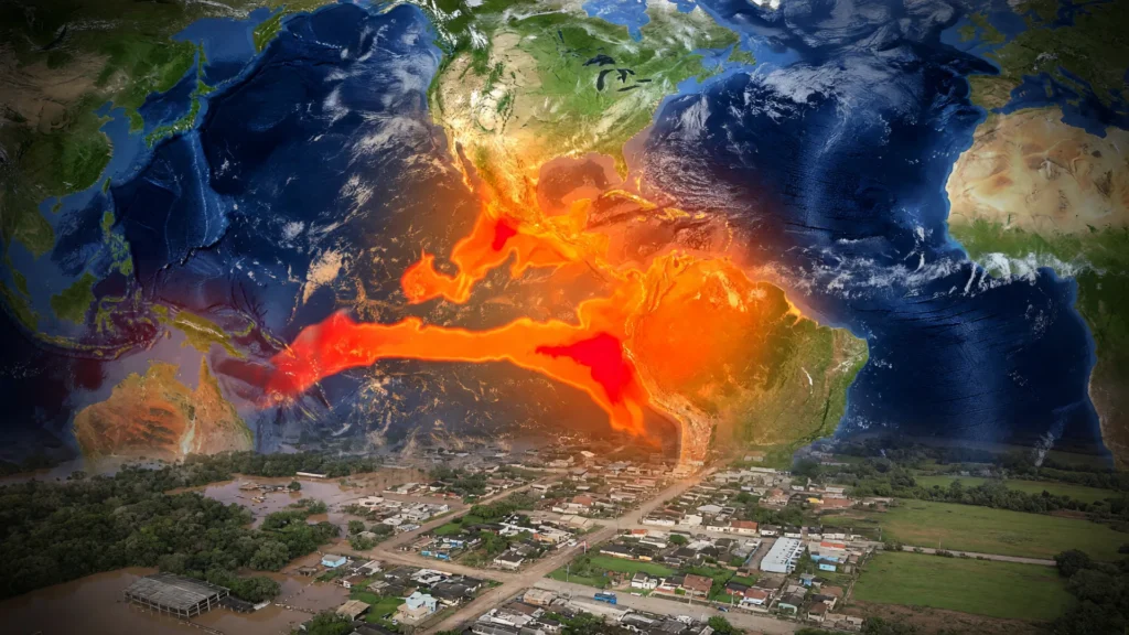 Mapa térmico do El Niño força elevada 2026 com anomalias em vermelho e enchentes urbanas, alerta da ONU