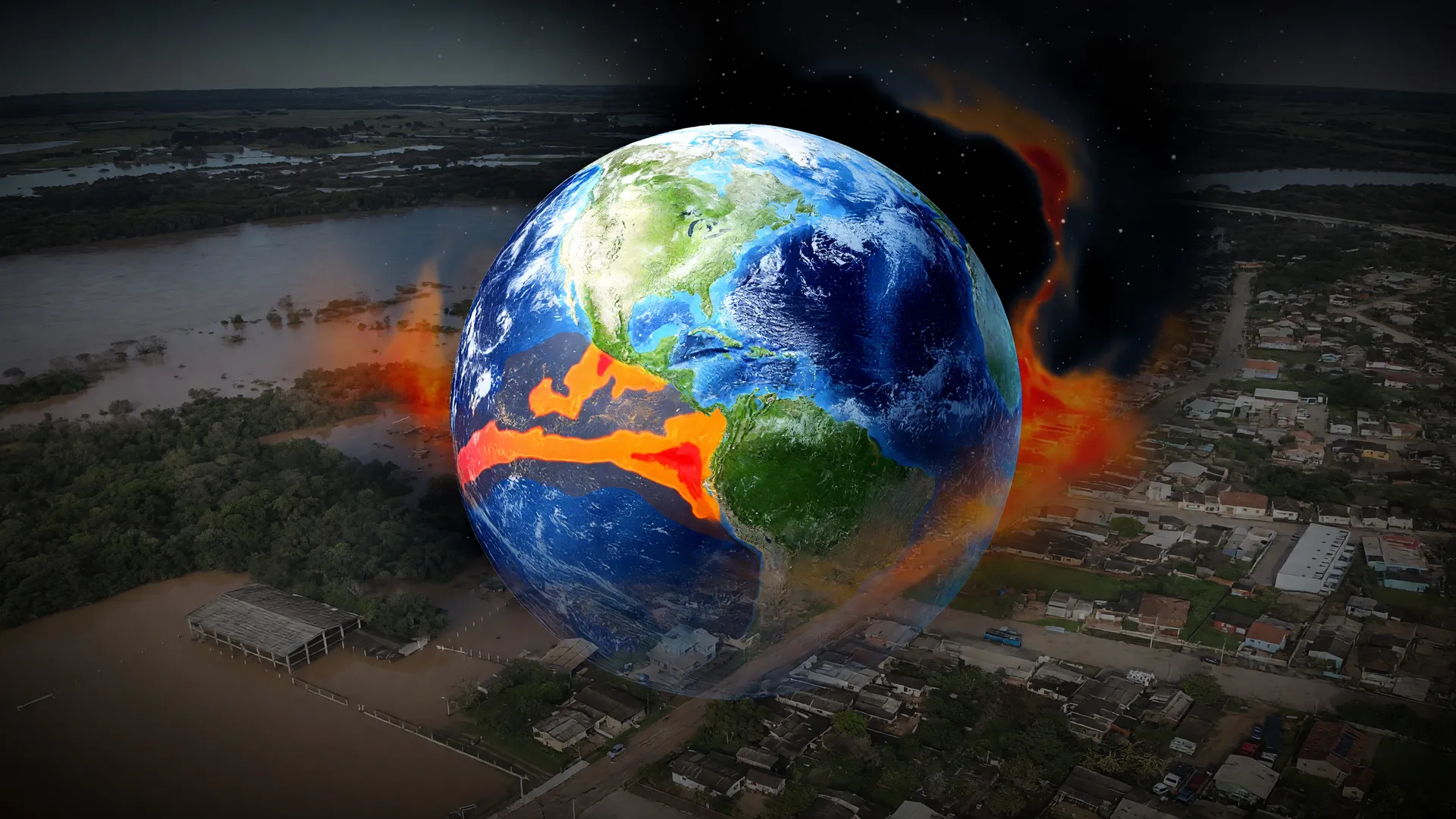 Visualização do El Niño forte 2026 com anomalias térmicas e impactos Brasil através de inundações urbanas