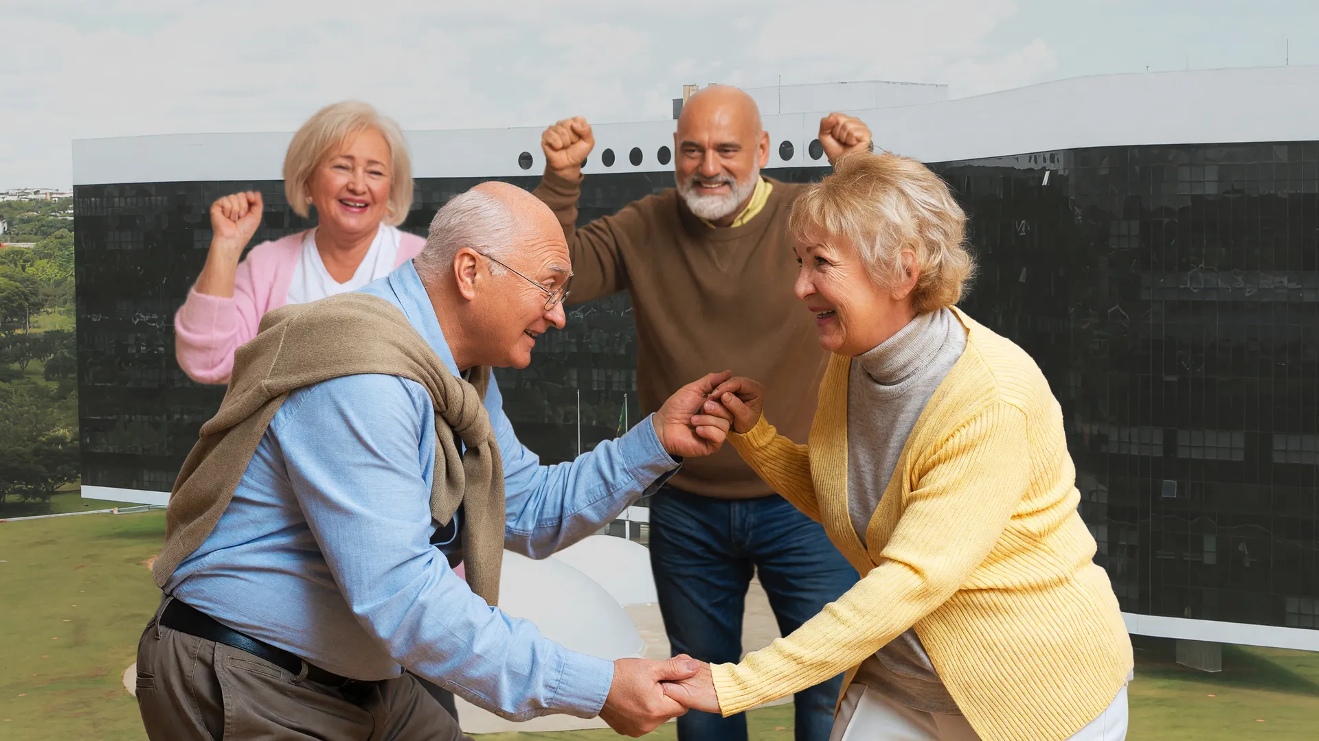 Idosos sorridentes representam o crescimento do eleitorado acima de 60 anos diante da sede do TSE antes das eleições de 2026