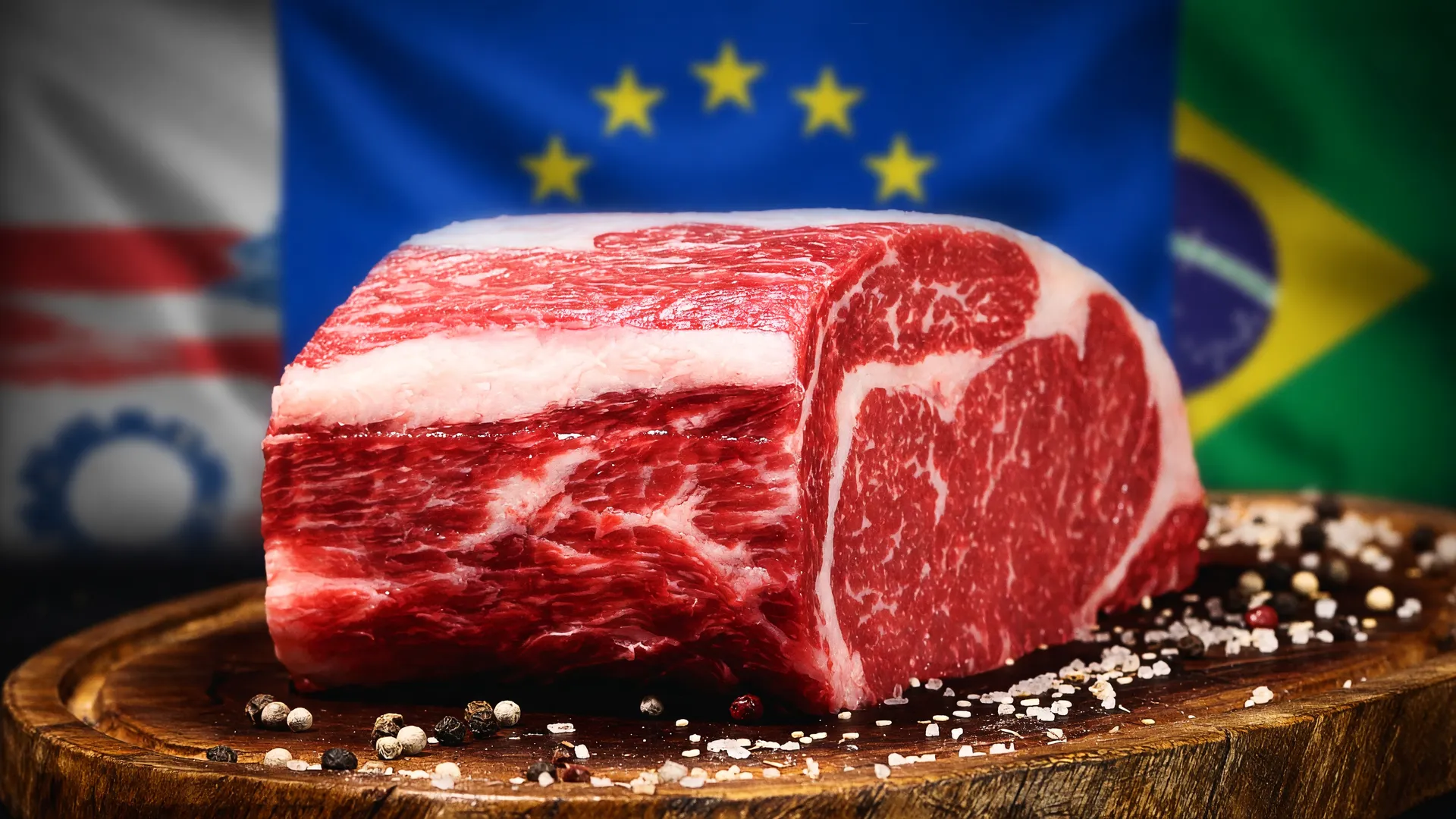 Corte de carne bovina brasileira com bandeiras do Brasil e UE ao fundo, no embargo europeu carne bovina brasileira