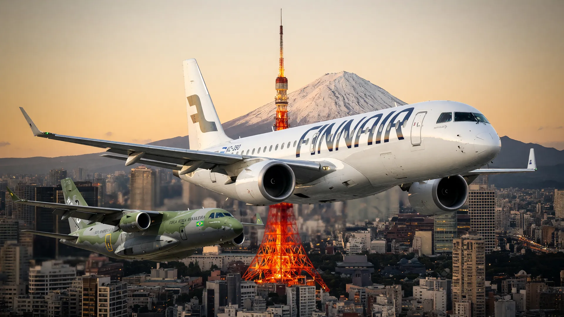 Embraer vende aviões E175 Japão: jato comercial sobrevoa horizonte de Tóquio, símbolo do novo acordo aéreo