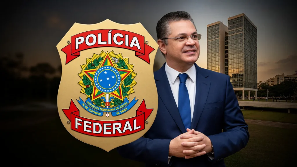 Brasão da PF, fachada do STF ao entardecer e retrato de Sóstenes: investigação sobre escritura forjada e dinheiro vivo.