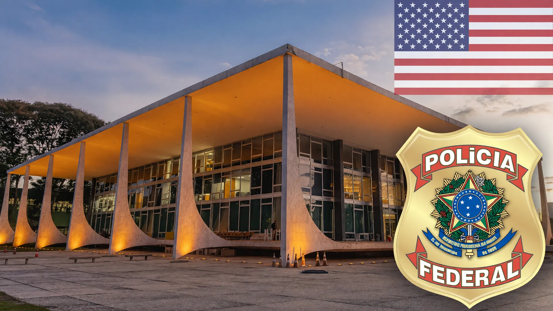 Colagem editorial: STF, Polícia Federal e bandeira dos EUA refletem pressão sobre o espião russo expulso do Brasil