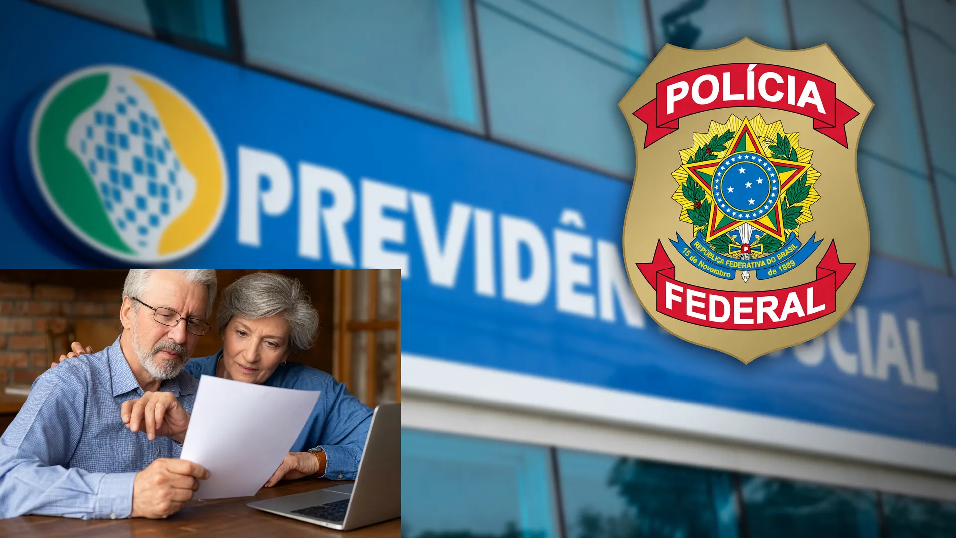 Sede do INSS e distintivo da PF simbolizam apuração após ex-presidente do INSS indiciado por fraude.