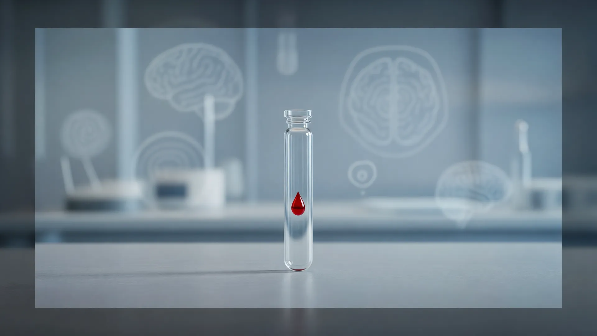Tubo de exame de sangue para Alzheimer com fundo clínico, simbolizando diagnóstico precoce da doença
