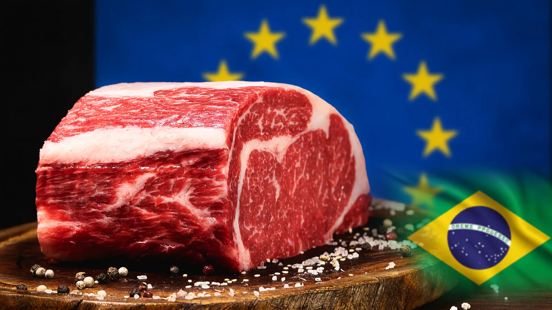 Corte de carne bovina bloqueado por exigências sanitárias carne brasileira, com bandeiras do Brasil e da UE ao fundo