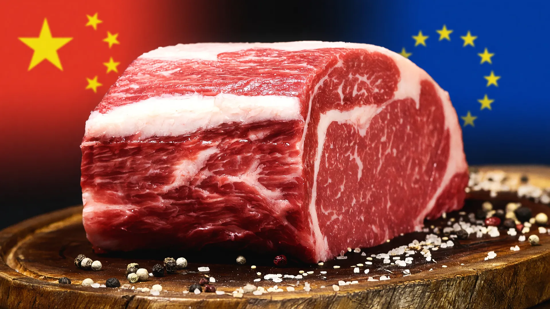 Peça de carne bovina marmorizada com bandeiras da China e UE ao fundo, simbolizando a exportação de carne bovina