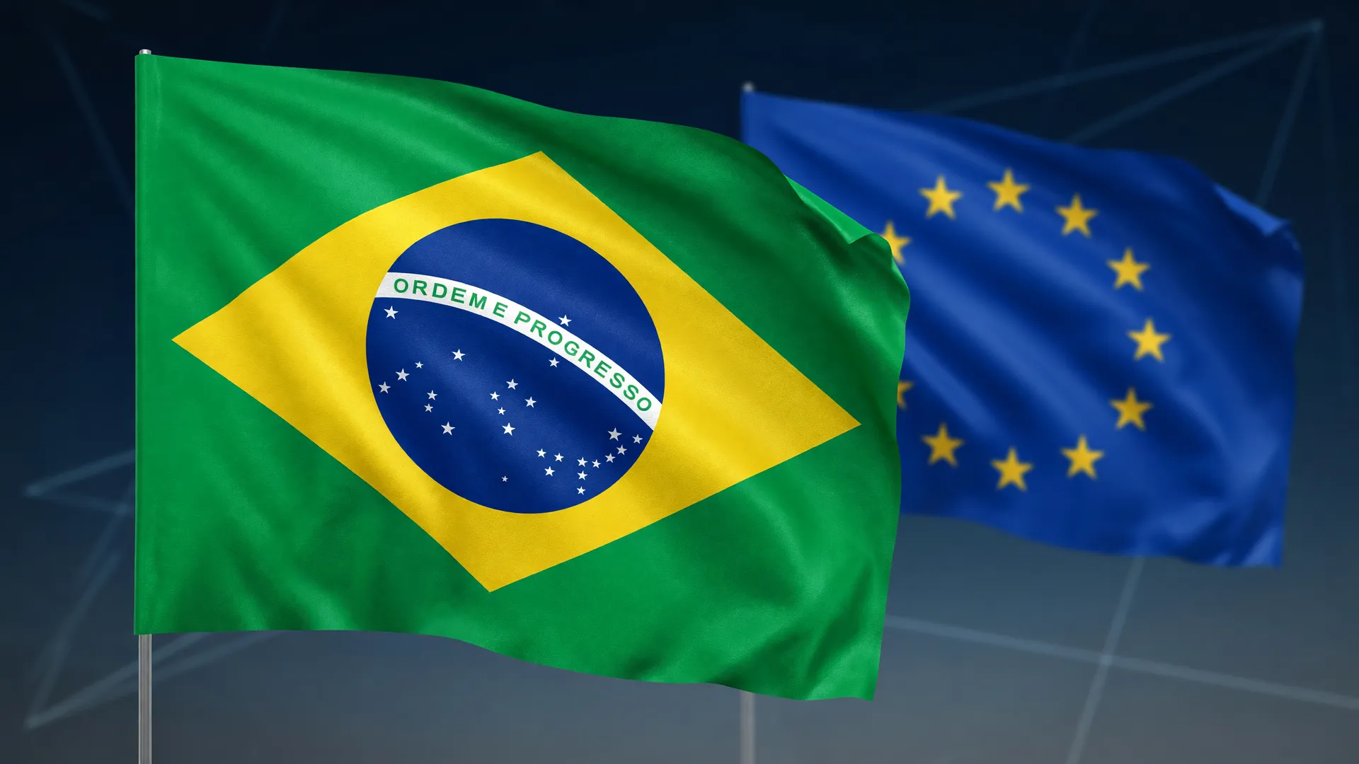 Bandeiras de Brasil e União Europeia em composição editorial sobre exportação de carne brasileira