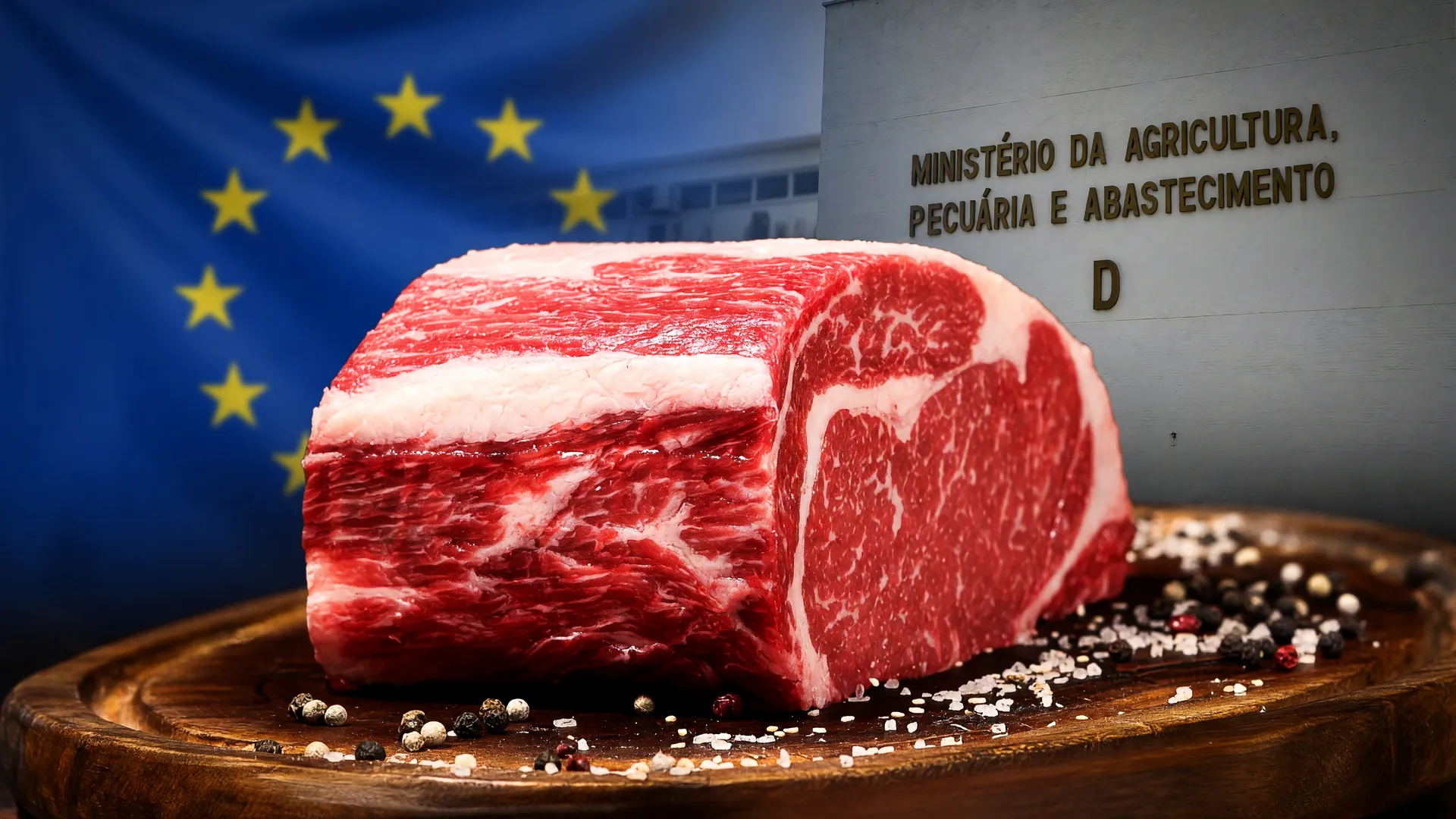 Corte de carne bovina com bandeira da UE ao fundo, simbolizando impasse na exportação de carne para UE