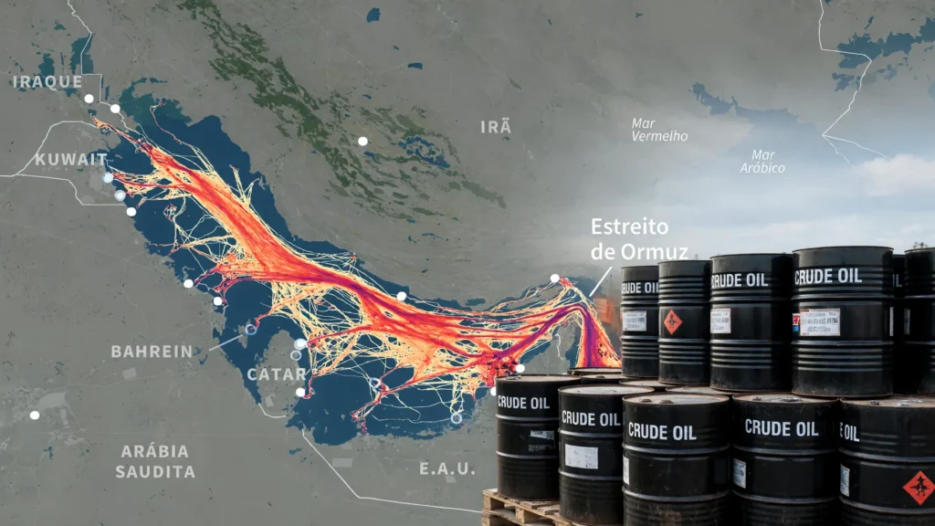 Mapa do Estreito de Ormuz com rotas de navegação e barris de petróleo, retomando exportações petróleo Golfo Pérsico