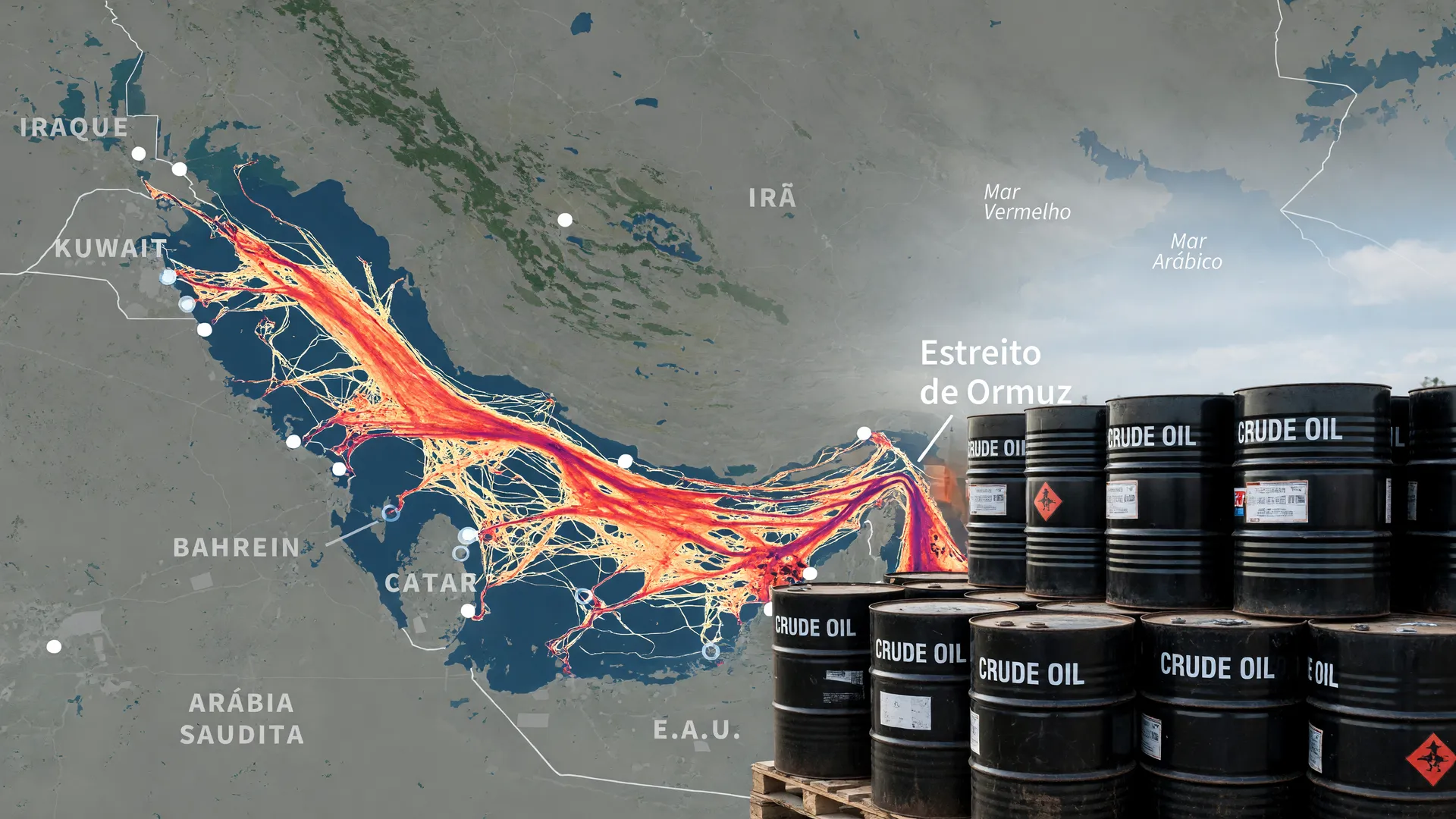 Mapa do Estreito de Ormuz com rotas de navegação e barris de petróleo, retomando exportações petróleo Golfo Pérsico