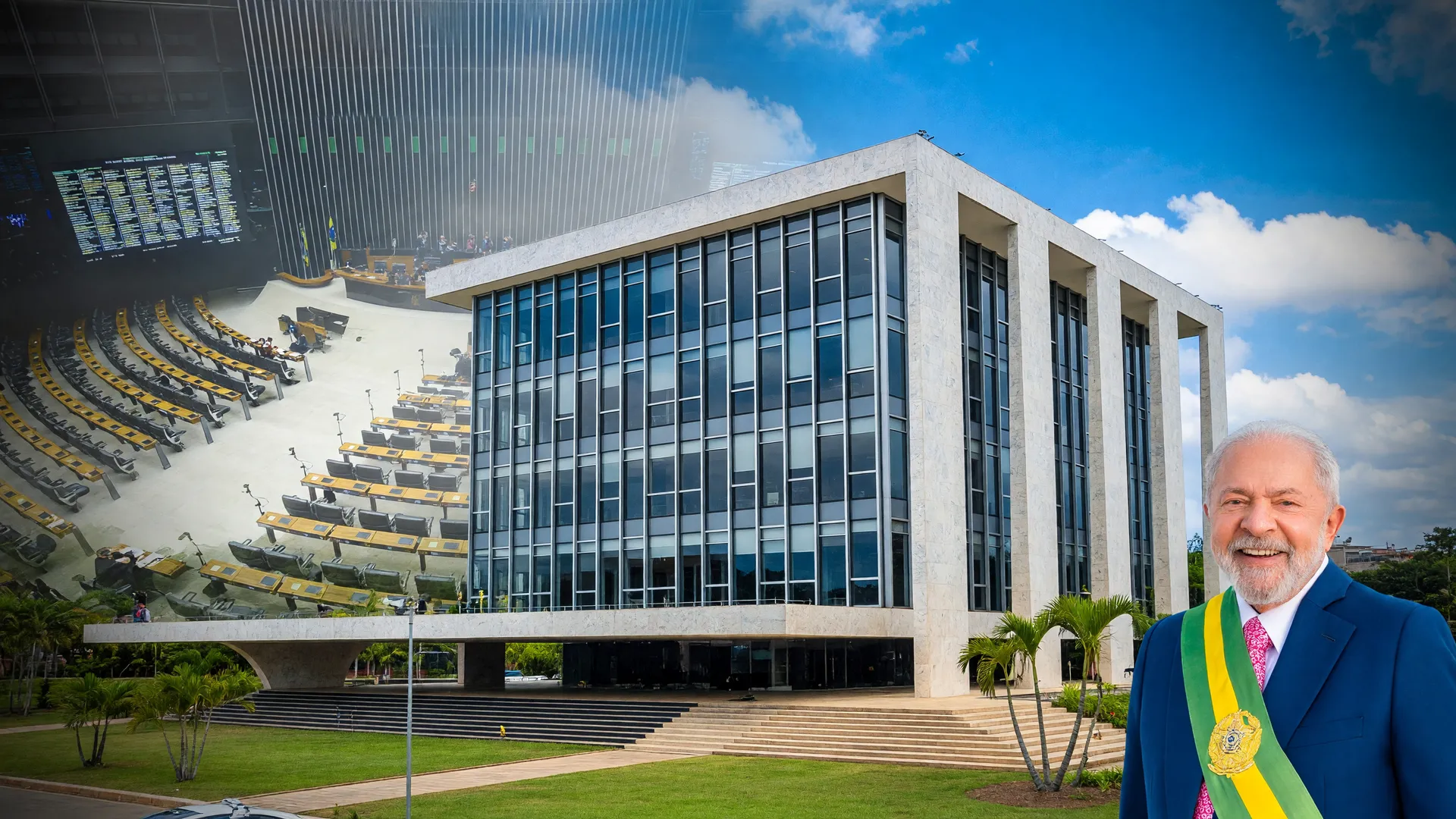 Fachada do STJ, plenário da Câmara e Lula simbolizam aprovação do filtro de recursos no STJ enviado à sanção presidencial.