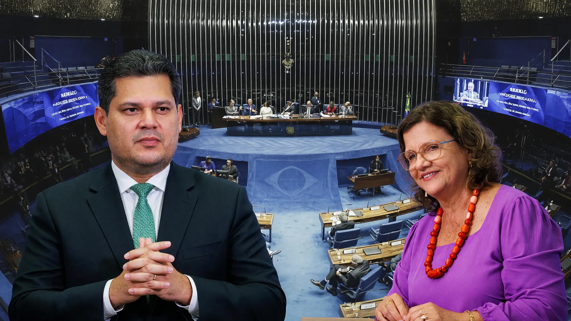 Senado Federal vazio durante recesso, com Alcolumbre e Teresa Leitão, simbolizando atraso no fim da escala 6x1.