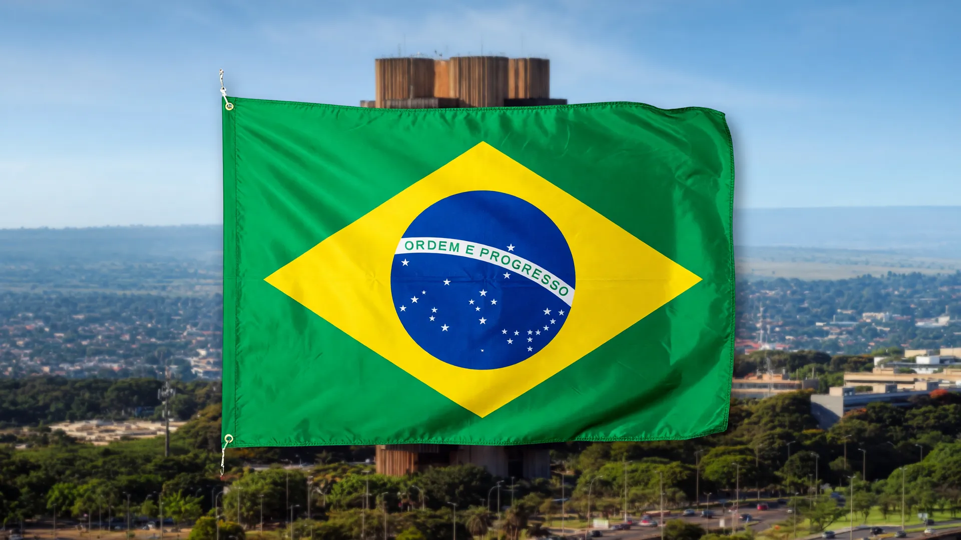 Bandeira brasileira e sede do Banco Central destacam otimismo: FMI eleva projeção PIB Brasil 2026