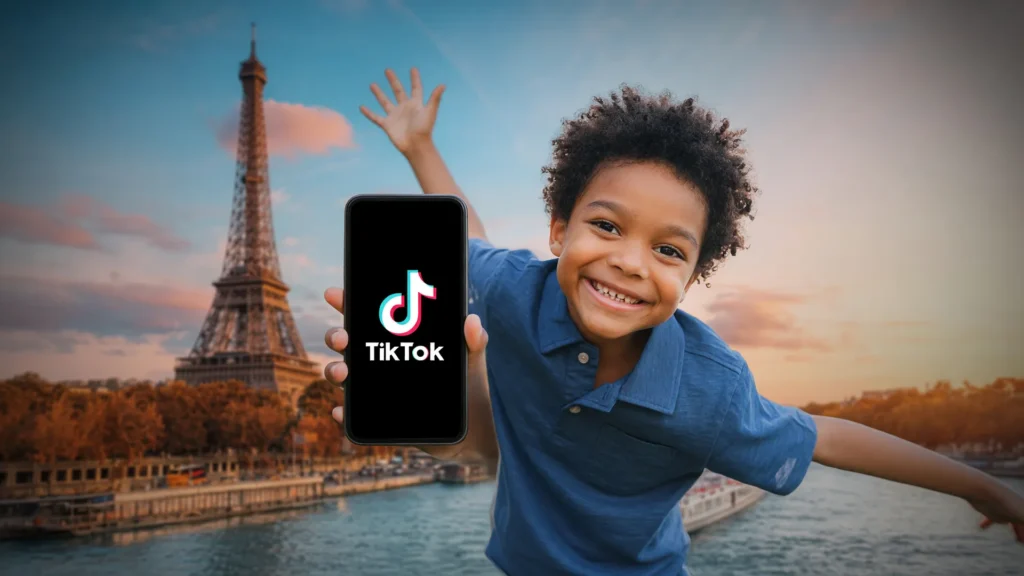 Criança usa celular com TikTok em Paris: França proíbe redes sociais menores de 15 anos