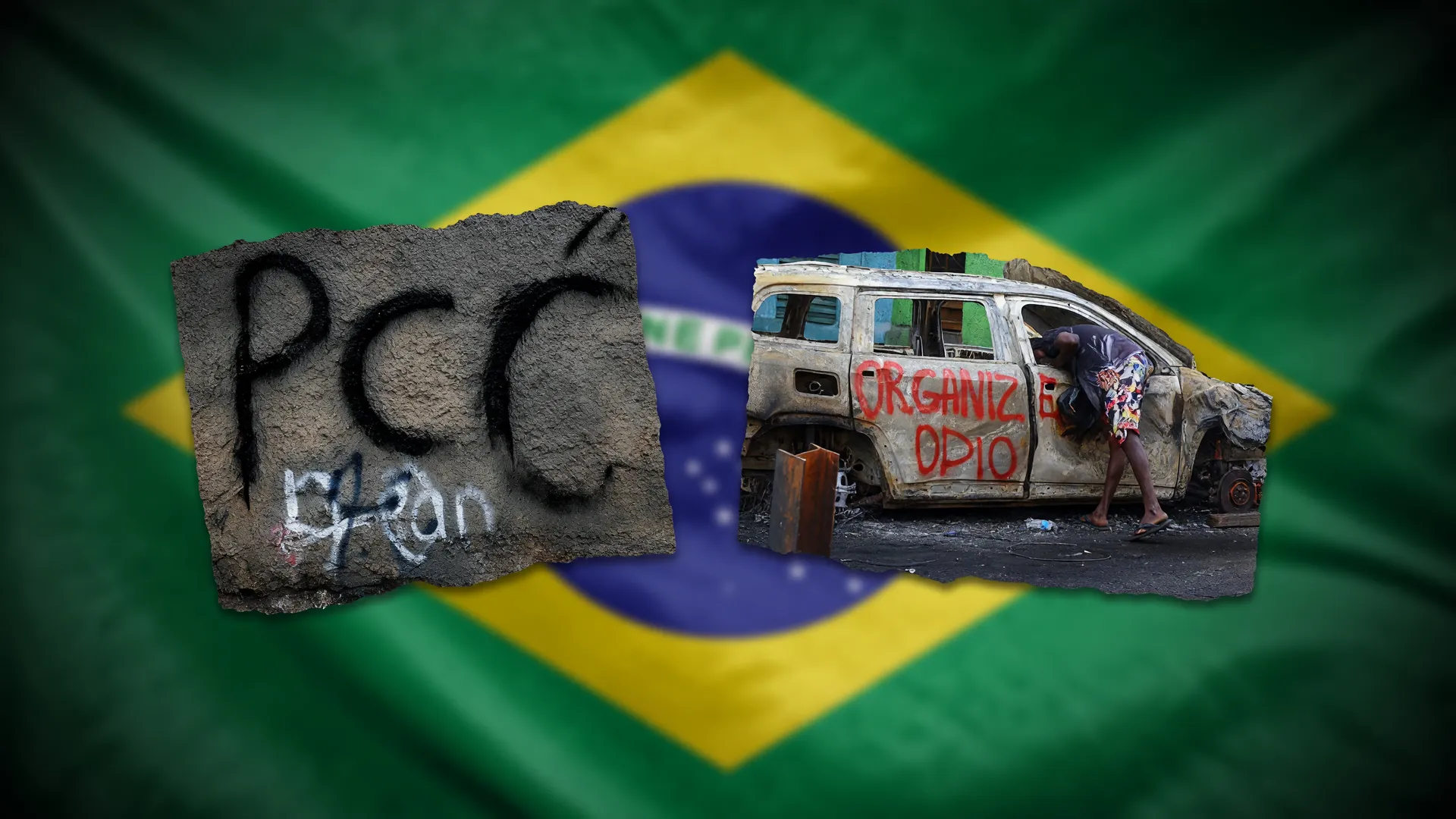 Pichações do PCC e Comando Vermelho sobre bandeira do Brasil representam o avanço dos golpes digitais no Brasil