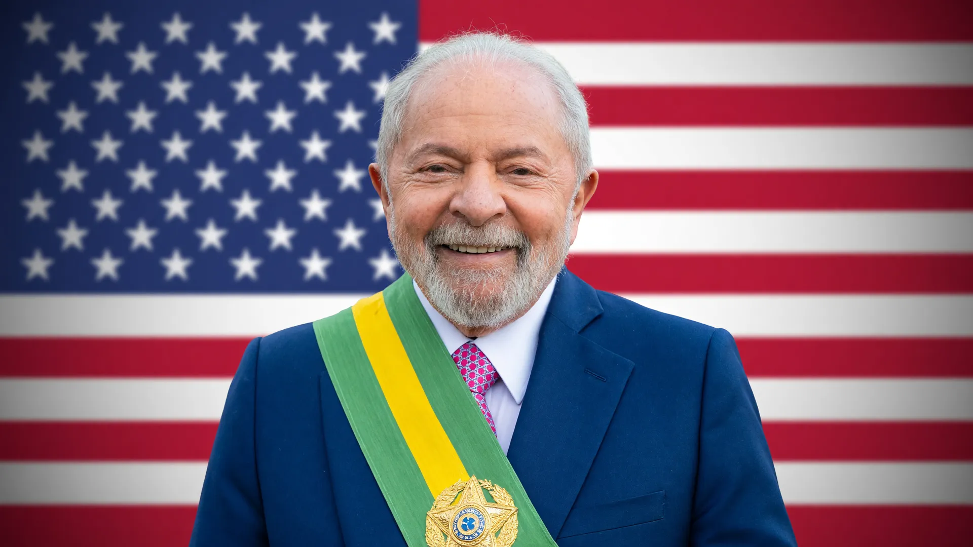 Lula em retrato oficial representa governo Lula negociação tarifaço EUA, com bandeira americana ao fundo