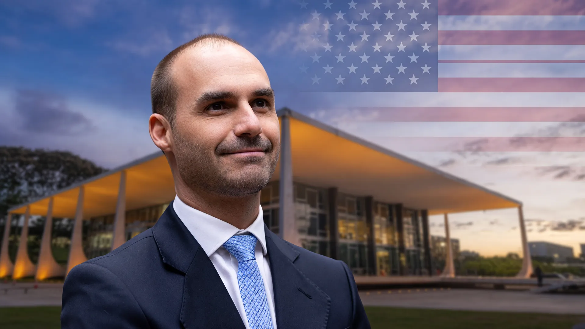 Eduardo Bolsonaro em destaque com o STF ao fundo, alusão ao green card de Eduardo Bolsonaro e à condenação no Brasil