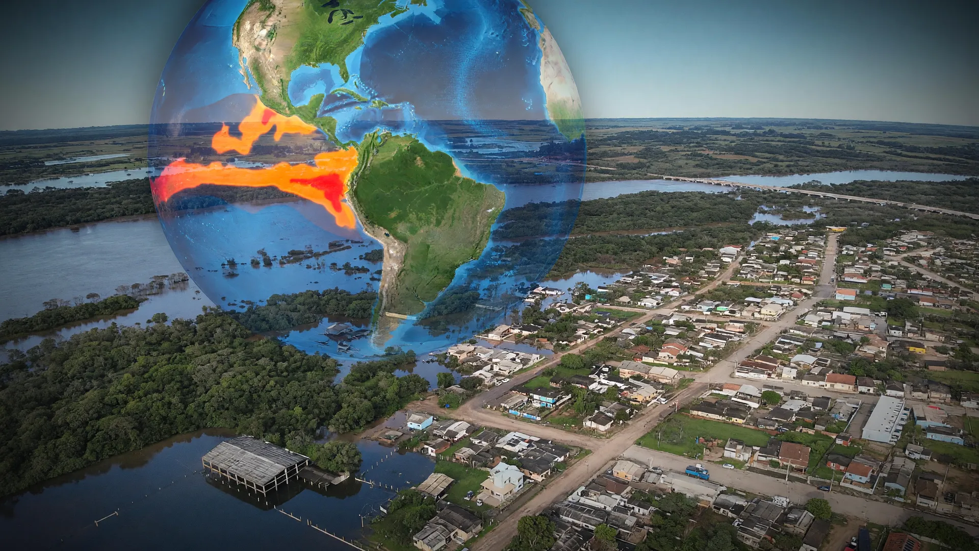Enchente urbana e mapa térmico do El Niño ilustram o guia de adaptação climática municipal diante da crise climática