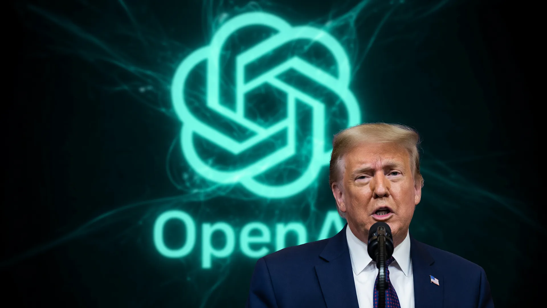 Símbolo da OpenAI brilha enquanto Trump fala, representando reação da Casa Branca à IA da OpenAI fora de controle