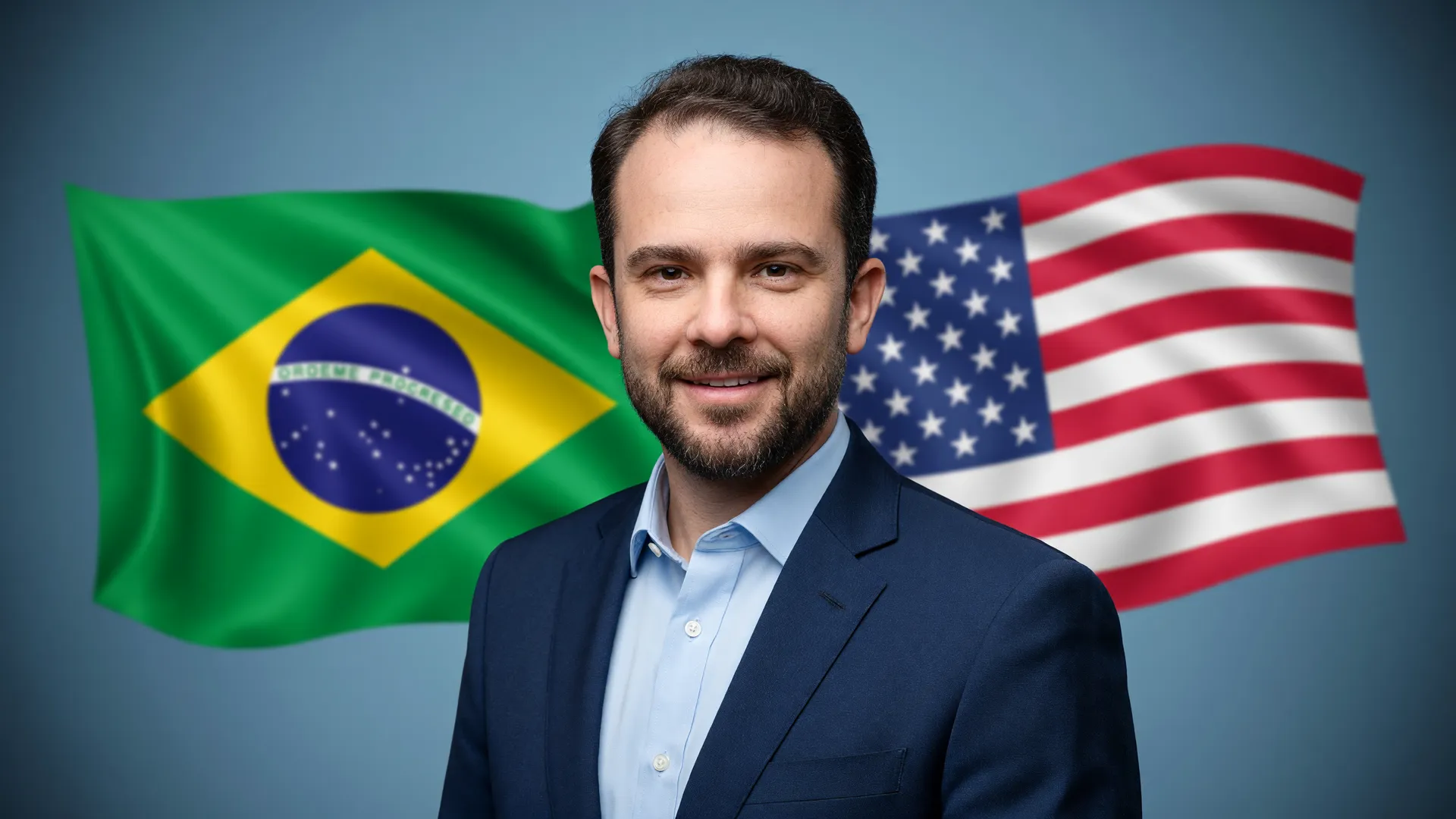 Dario Durigan entre as bandeiras do Brasil e dos EUA, representando o impacto das tarifas dos EUA no comércio bilateral