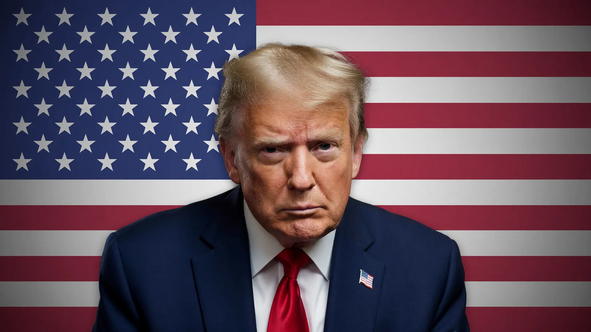 Donald Trump com bandeira dos EUA ao fundo, simbolizando disputa pela importação de açúcar nos EUA