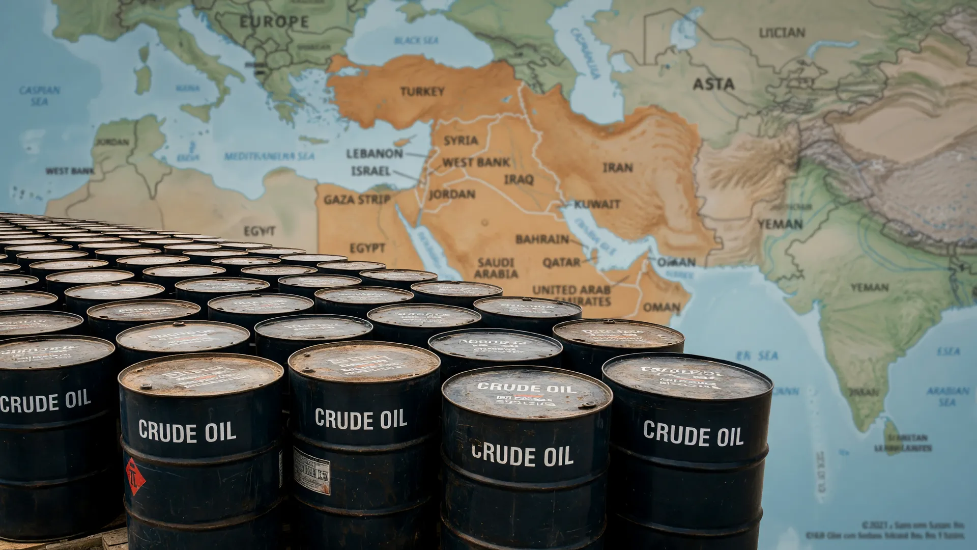 Barris de petróleo com mapa do Oriente Médio, ilustrando imposto de exportação de petróleo Brasil