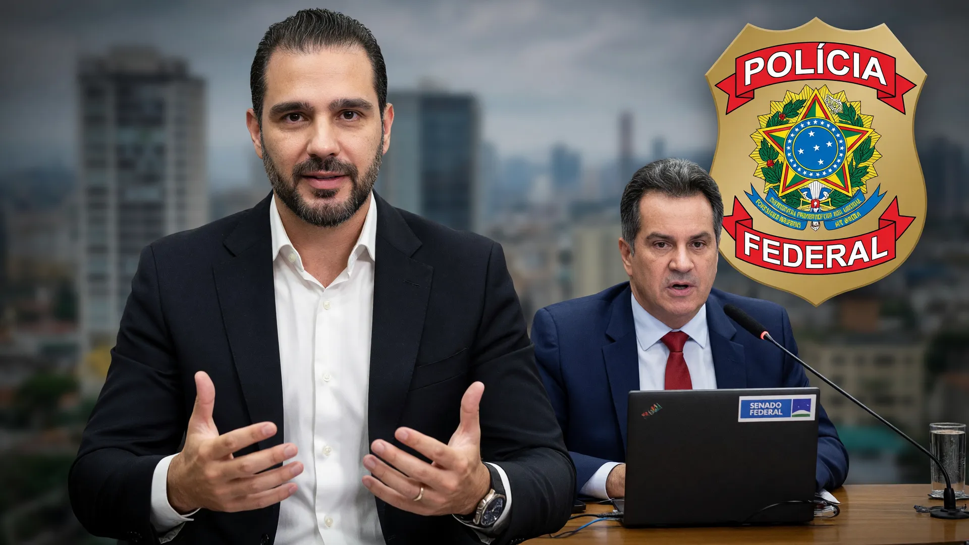 Daniel Vorcaro e Ciro Nogueira associados ao inquérito das fraudes do Master, com distintivo da PF