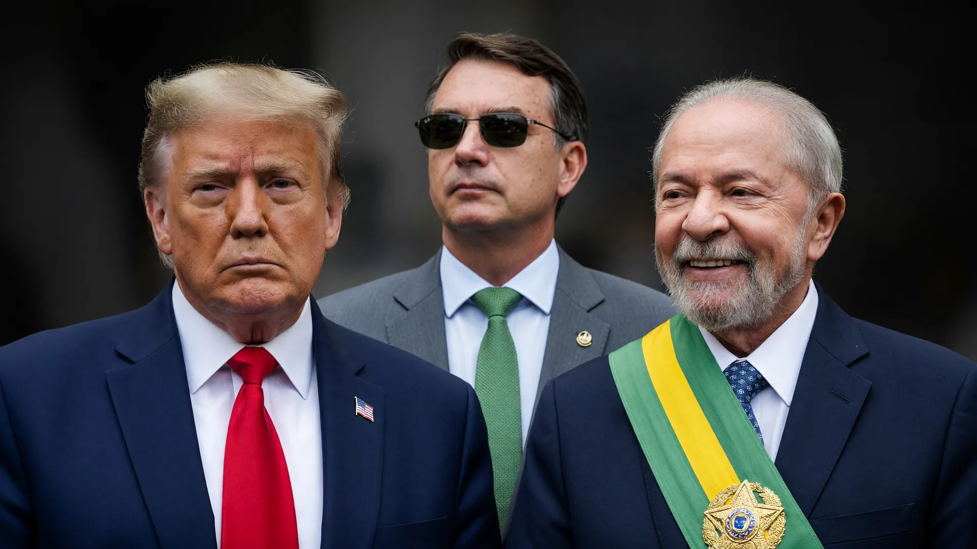 Trump e Lula em tensão diplomática sobre integridade eleitoral no Brasil, com Flávio Bolsonaro ao fundo