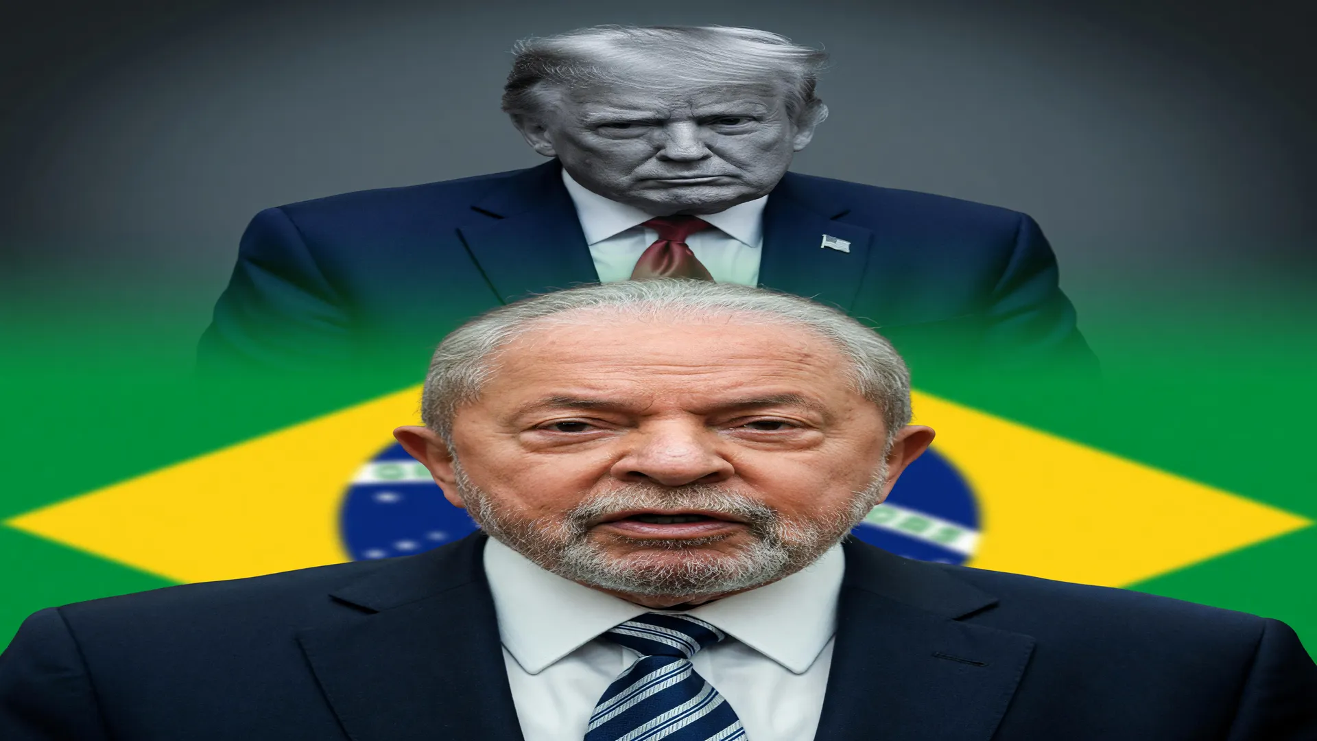 Lula alerta sobre interferência dos EUA nas eleições, com Trump ao fundo em clima de tensão diplomática.