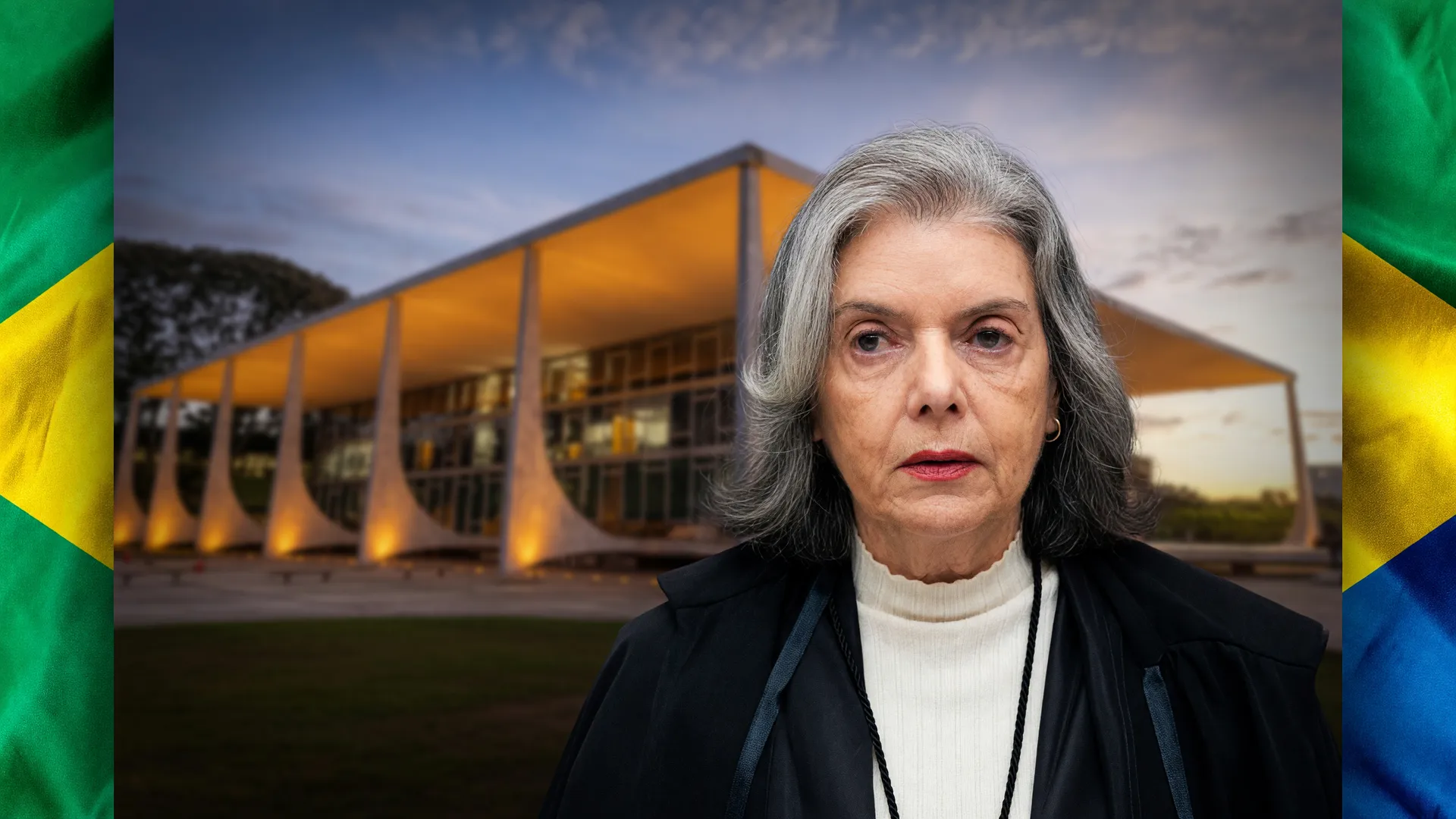Cármen Lúcia, ministra do STF, ao lado da bandeira do Brasil, alerta contra interferência nas eleições brasileiras.