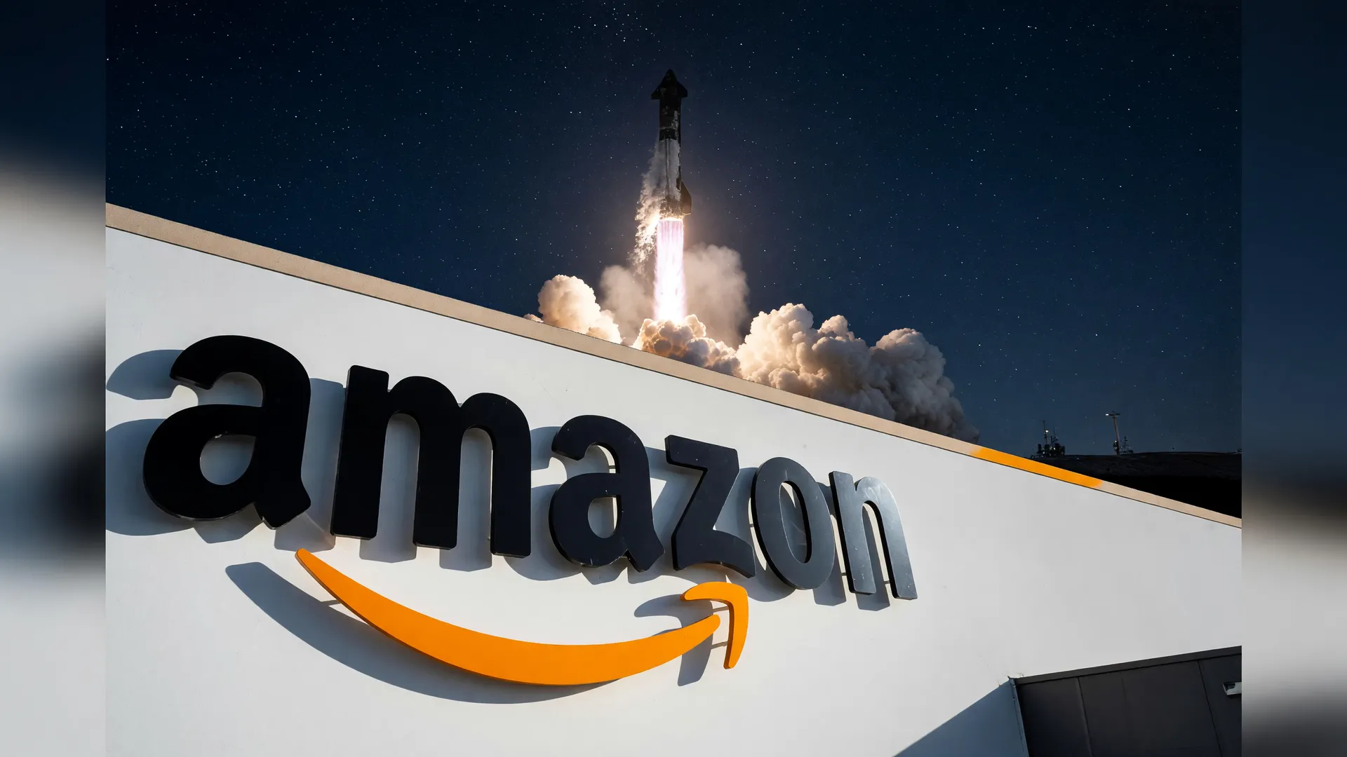 Logo da Amazon e lançamento de foguete simbolizam corrida por internet via satélite no celular