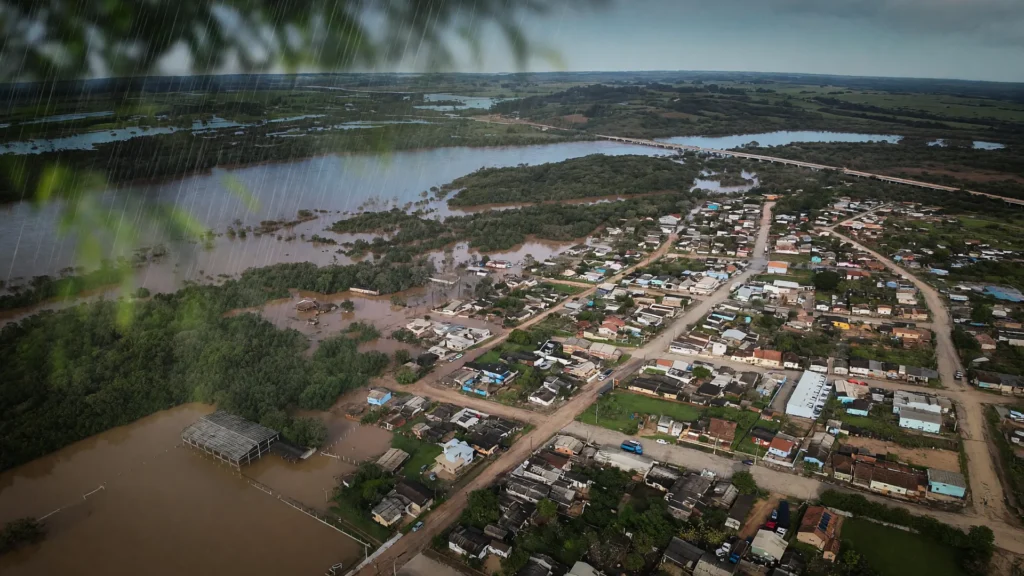 Vista aérea mostra área urbana submersa durante inundações no Rio Grande do Sul, com casas e ruas alagadas.