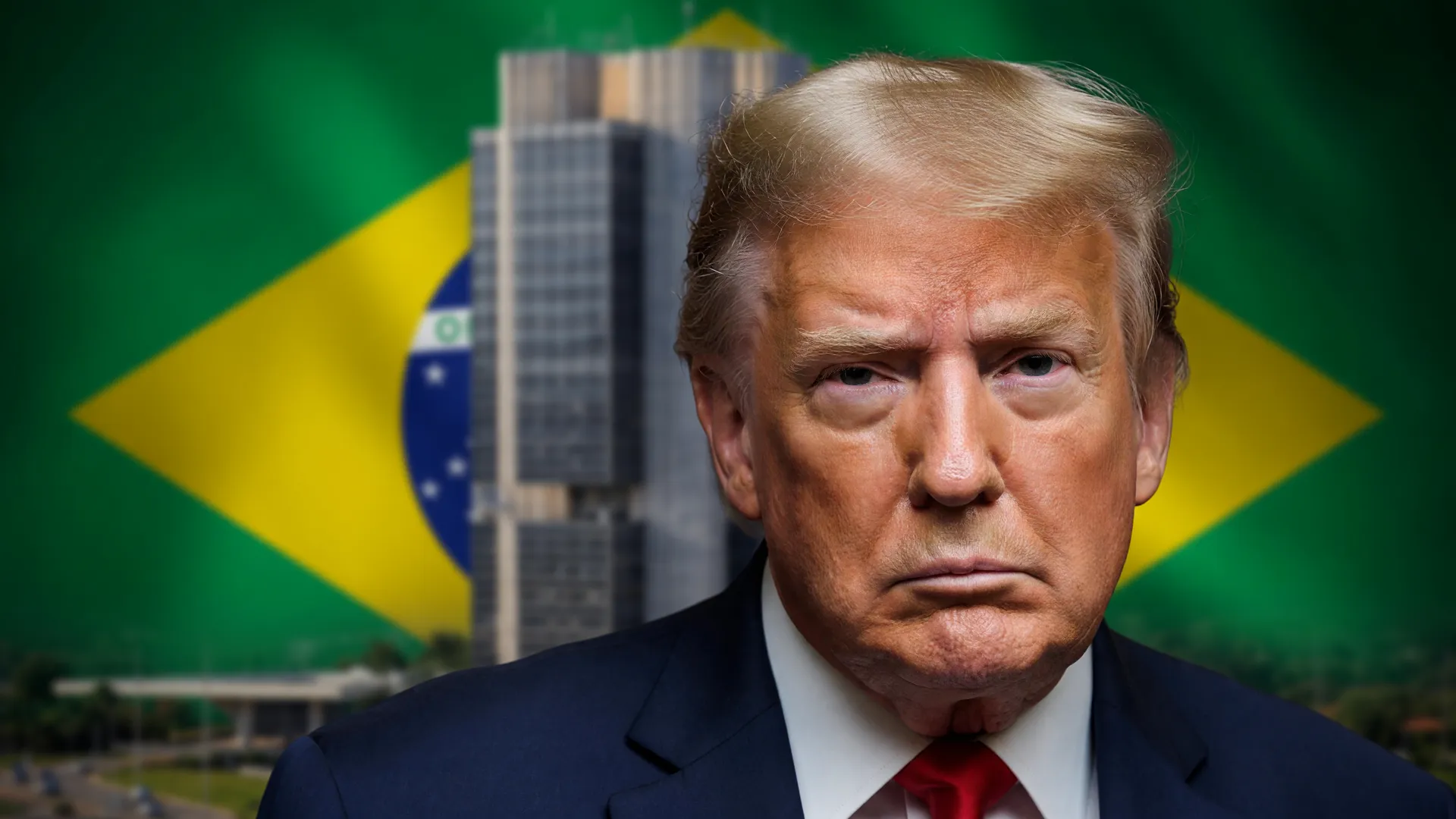 Trump diante da Torre do Banco Central e bandeira do Brasil, remetendo à investigação dos EUA sobre Pix