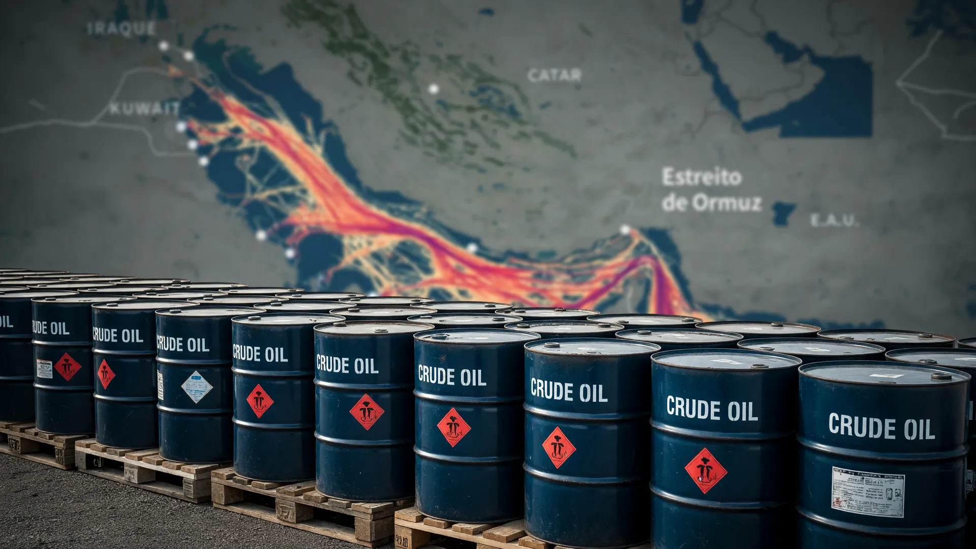 Mapa do Estreito de Ormuz e barris de petróleo ilustram como Irã fecha Estreito de Ormuz e eleva preços