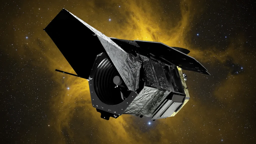 Ilustração artística mostra o lançamento telescópio Nancy Grace Roman com escudo térmico prateado e nebulosa dourada ao fundo