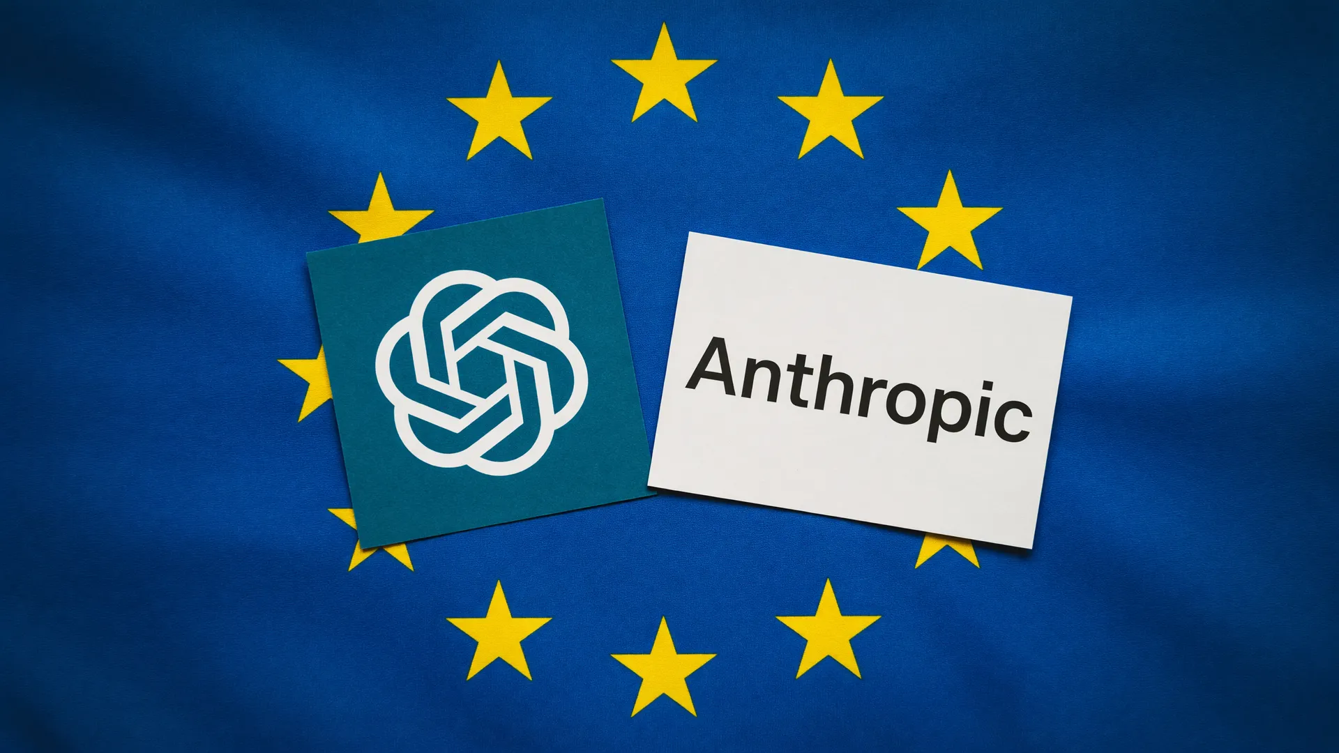 Logos da OpenAI e Anthropic sob escrutínio da Lei de IA da União Europeia, com bandeira europeia ao fundo