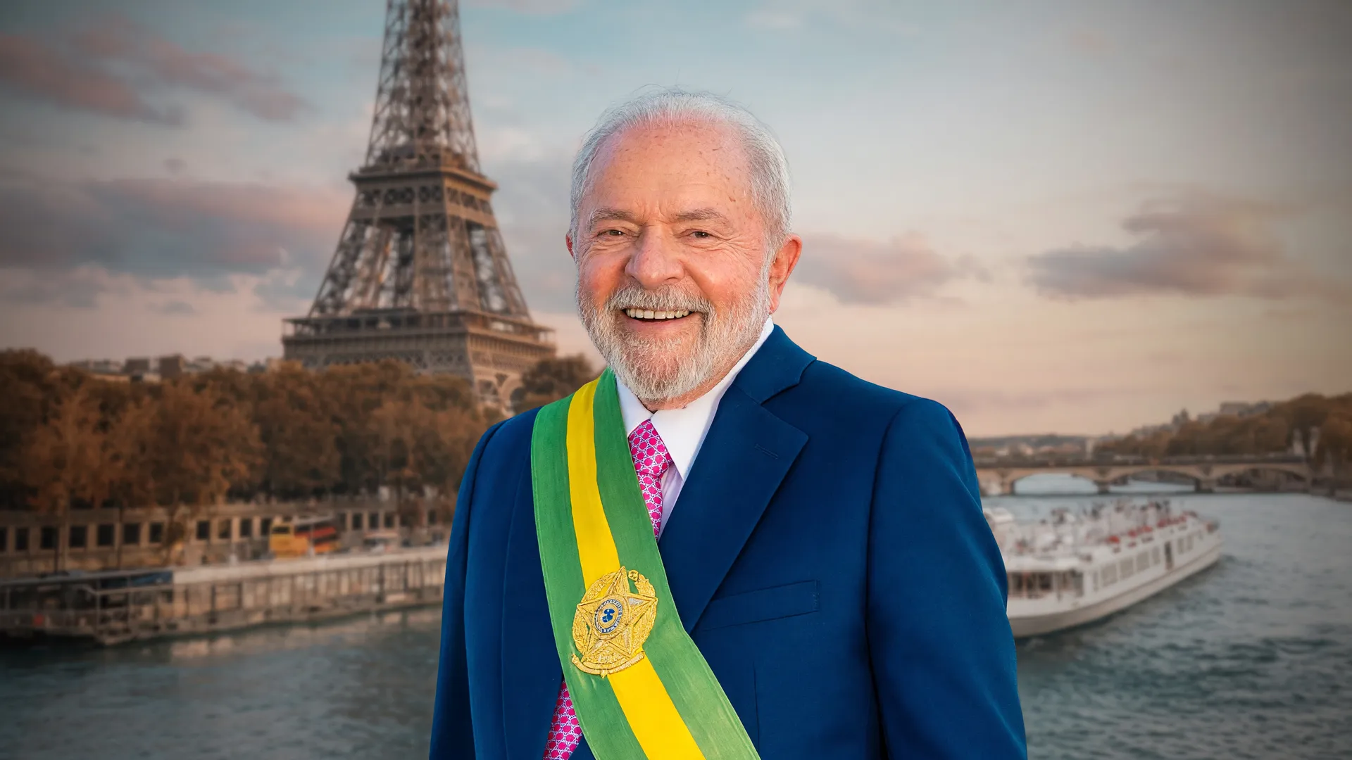 Lula sanciona a lei do foie gras no Brasil; ao fundo, a Torre Eiffel simboliza o atrito com a França.