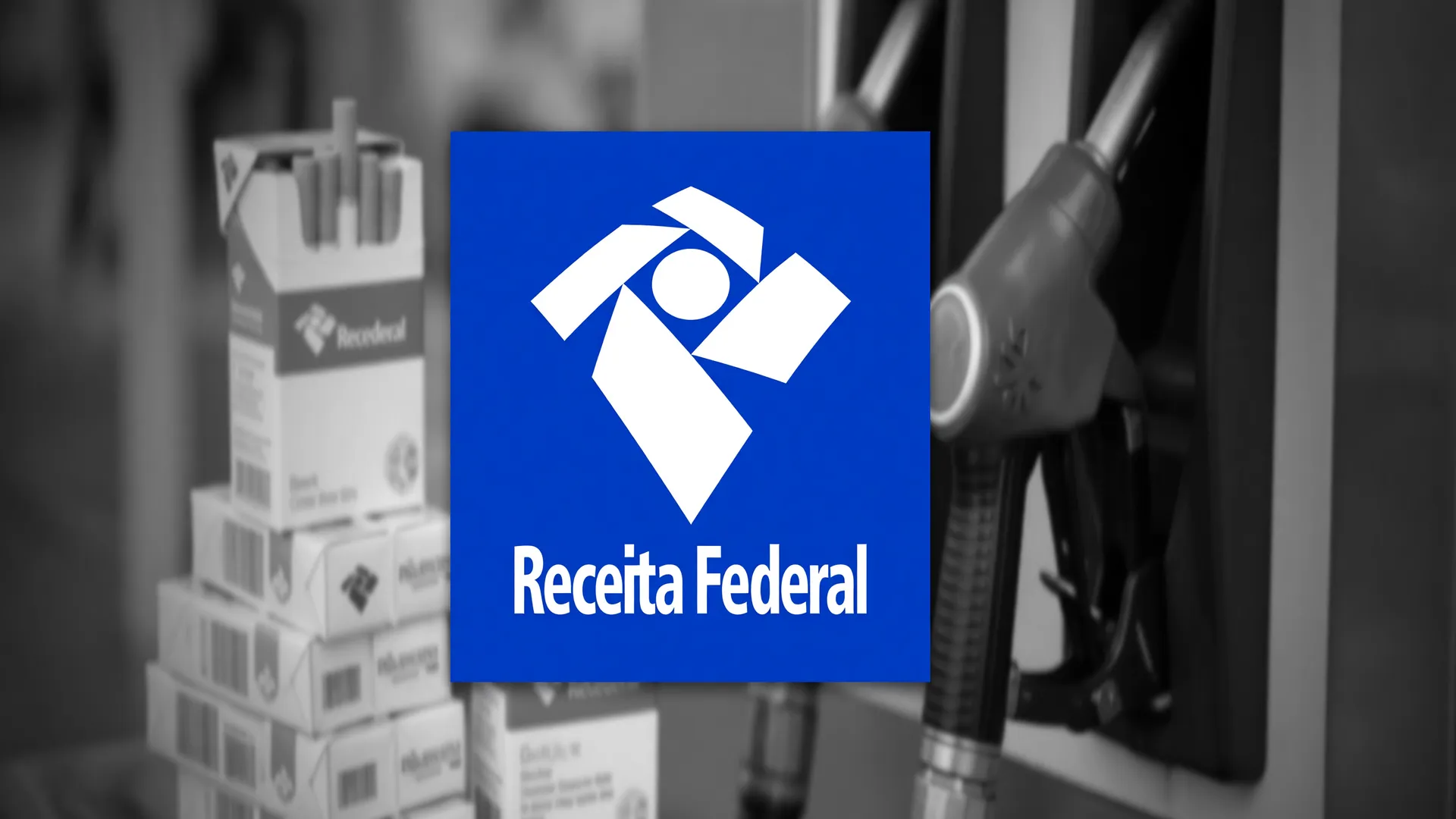 Emblema da Receita Federal ao lado de cigarros e bomba de combustível representa a lista de devedores contumazes