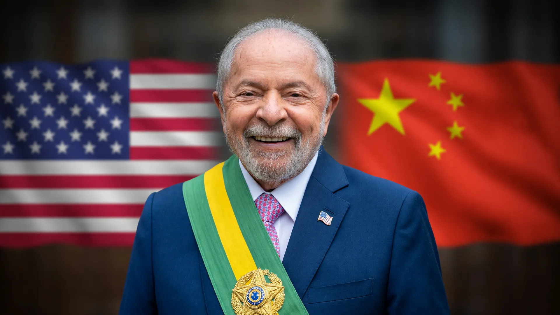 Lula investimento em Defesa: presidente em destaque com bandeiras dos EUA e China simbolizando disputa geopolítica