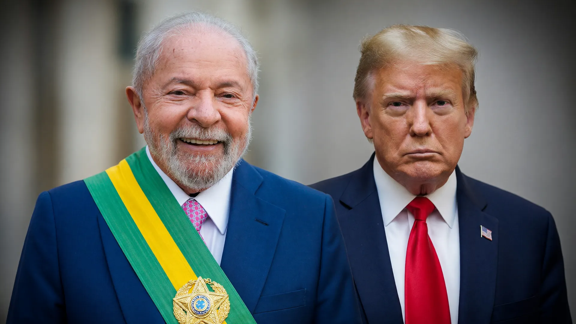 Lula sobre tarifaço dos EUA: Lula e Trump em retratos opostos simbolizam a disputa comercial Brasil-EUA.