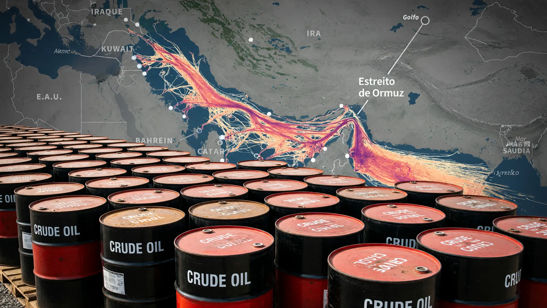 Barris de petróleo ilustram maior alta semanal do petróleo em meio à tensão no Estreito de Ormuz